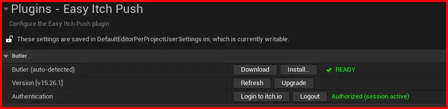 Easy Itch Push Butler configuration section