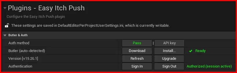 Easy Itch Push Butler configuration – Sign in / Sign out