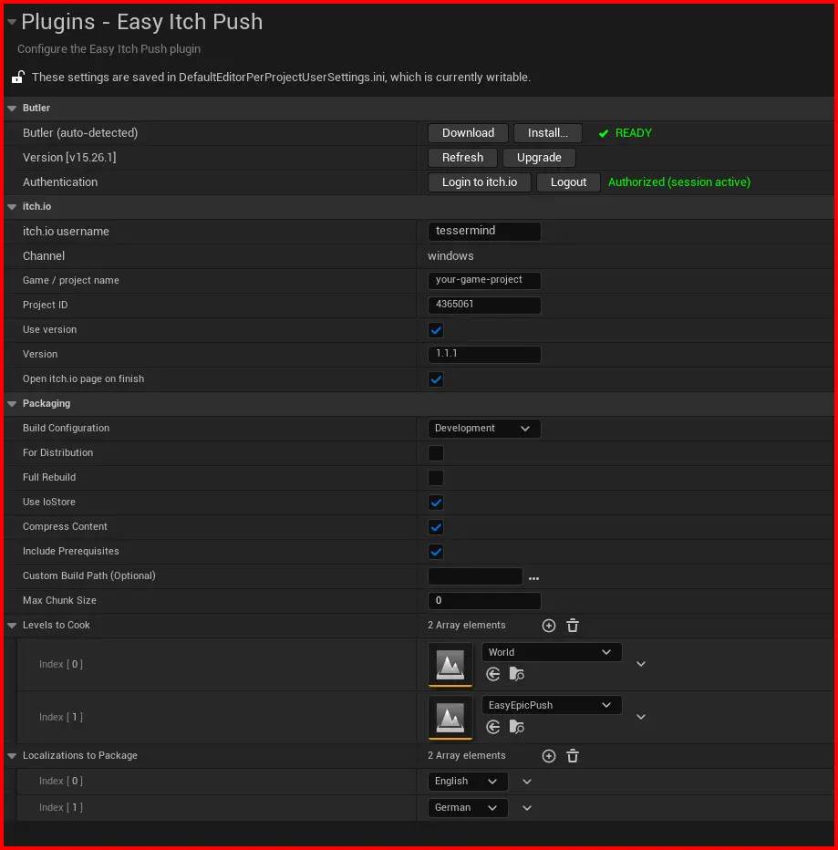 Easy Itch Push plugin settings in Project Settings