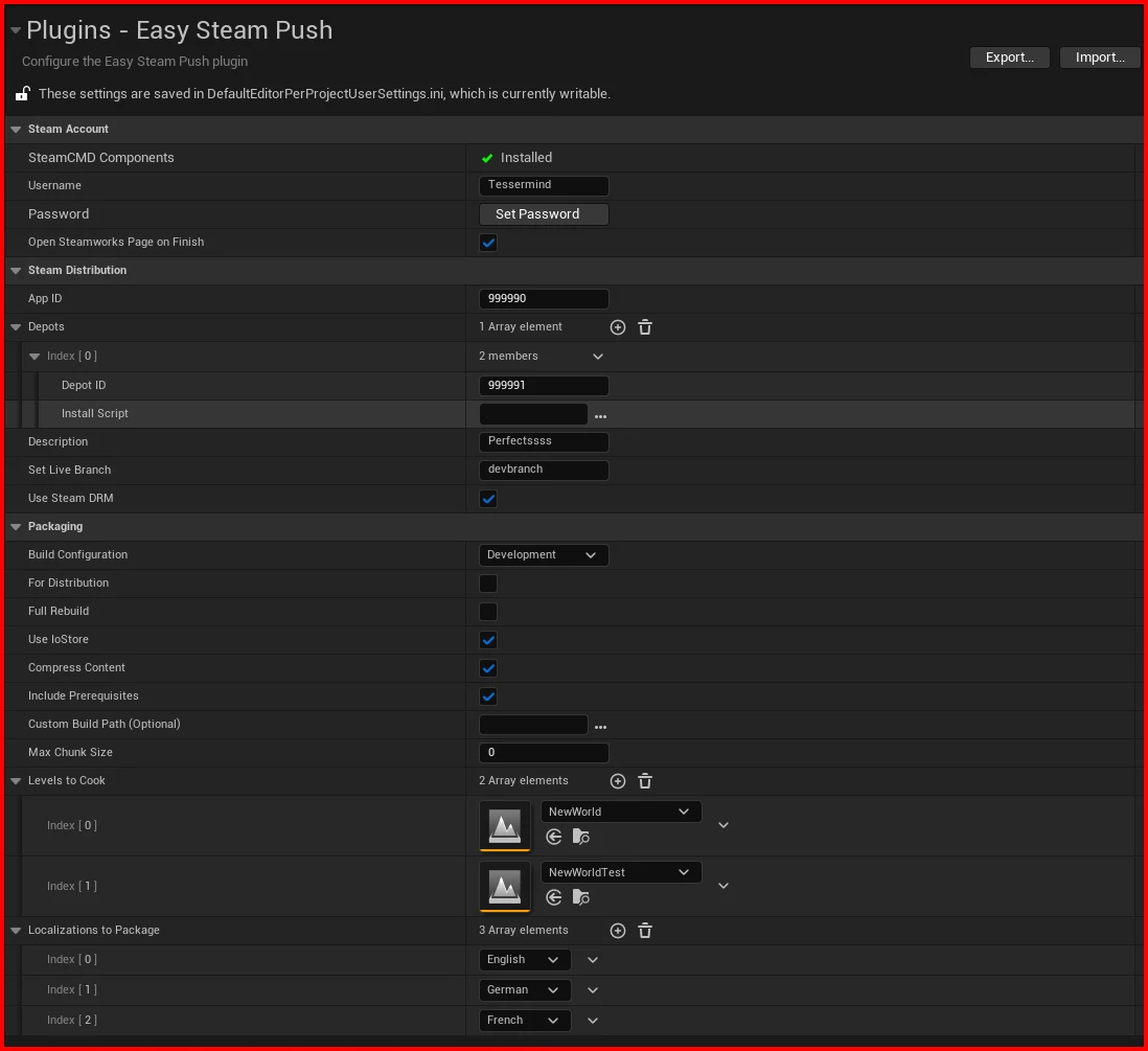 Easy Steam Push Configuration Window
