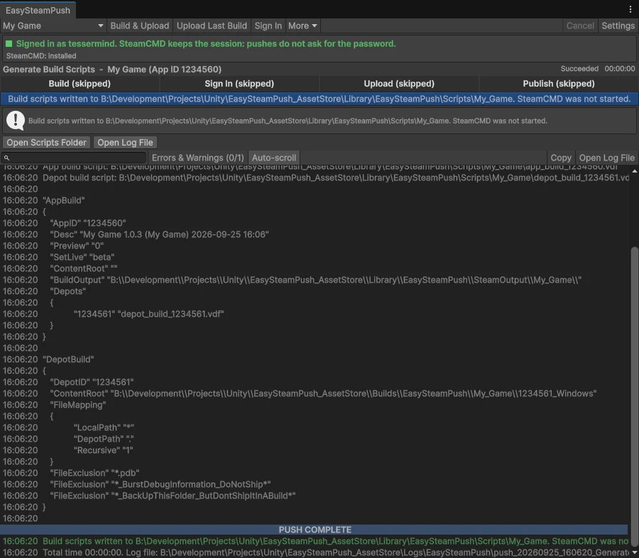 EasySteamPush window with step strip and log